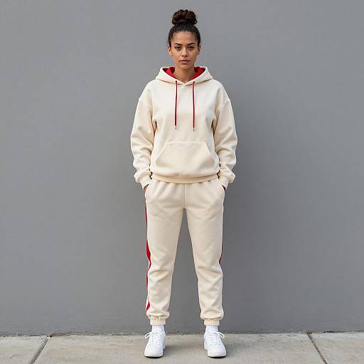 Woman in Cream and Red Tracksuit Standing Against Gray Wall