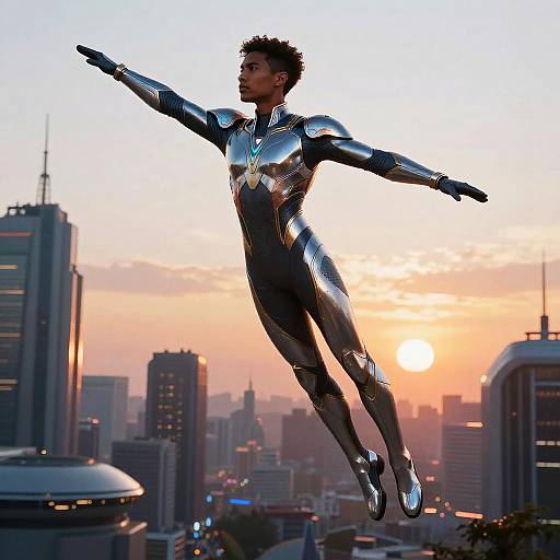 Mixed Race Superhero Soaring at Sunset