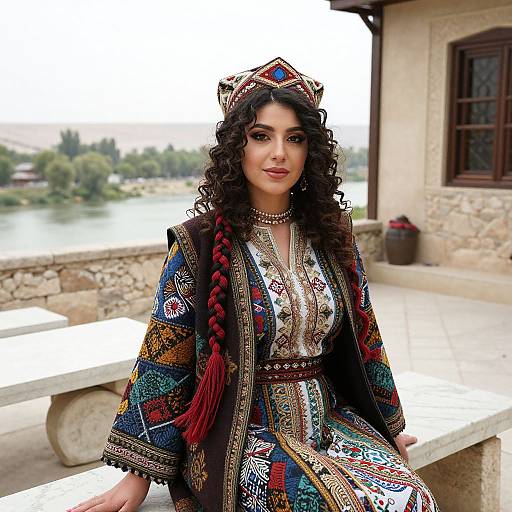 Photograph of a curly-haired woman with dark skin, wearing a colorful, patterned traditional dress and headpiece, seated outdoors by a stone building and
