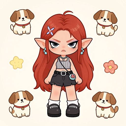 Chibi-style digital drawing of a red-haired elf girl with pointed ears, wearing a gray top, black shorts, and boots, surrounded by four cute