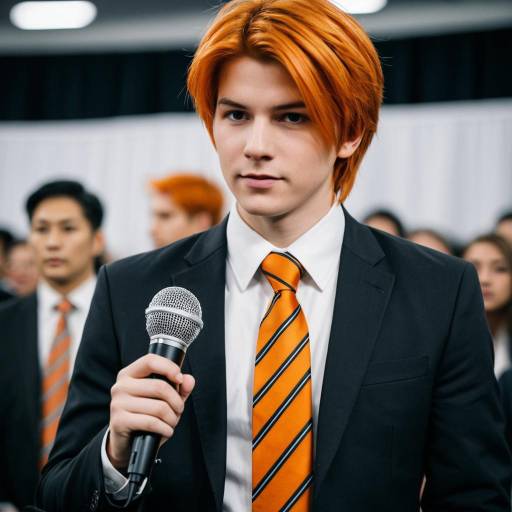 Young man in suit holding microphone