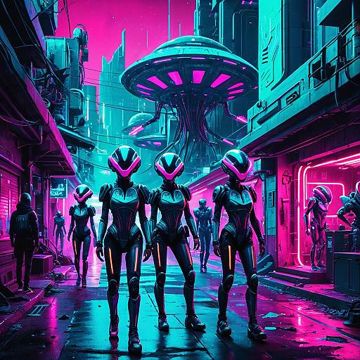 Neon Cyborg Dancers in Futuristic Alien City