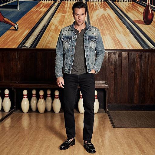 Photograph of a muscular man with short dark hair, wearing a denim jacket, black pants, and shiny black shoes, standing in a bowling alley with