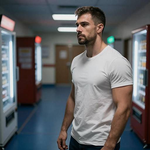 Muscular Man Standing in Hallway with Vending Machines