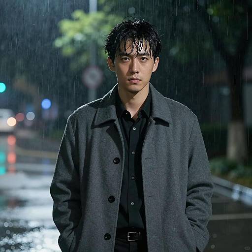 Mysterious Man in Rainy Night Scene