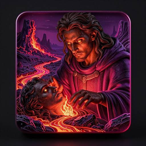 Digital art of a glowing, fiery mountain landscape. A bearded man with long hair, in a purple robe, gently touches a burning-eyed, wounded