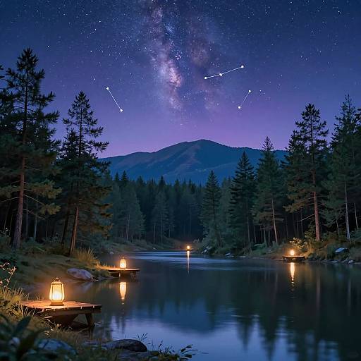 Photograph of a serene night landscape with a starry Milky Way, constellations, illuminated lanterns by a reflective forest lake, and tall pine