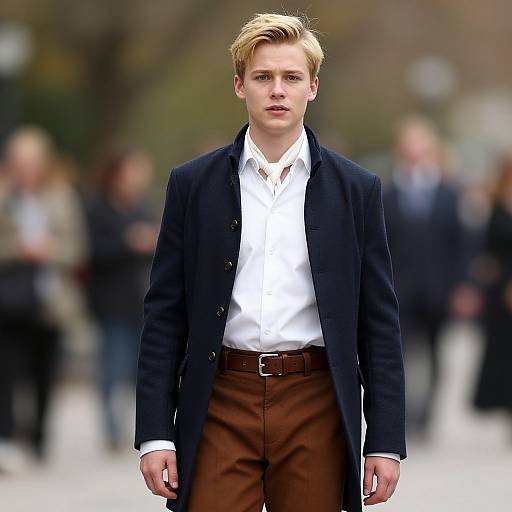 Photograph of a young, blonde Caucasian man with fair skin, wearing a black blazer, white shirt, brown trousers, walking confidently on a blurred