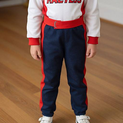 Photograph of a child in white and red sports jacket, navy pants with red stripes, and white sneakers, standing on wooden floor.