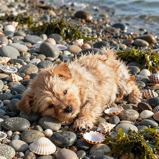 Cute, fluffy, light brown puppy with tousled fur lies on a rocky beach, surrounded by pebbles, seashells, and seaw