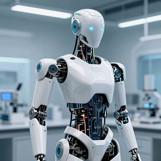 Photorealistic CGI of a white, futuristic, humanoid robot with glowing blue eyes and joints, standing in a modern, brightly lit laboratory.