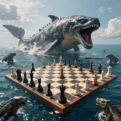 Digital artwork: A massive, fierce shark with glowing eyes and intricate patterns emerges from the ocean, looming over a floating chessboard surrounded by sharks.