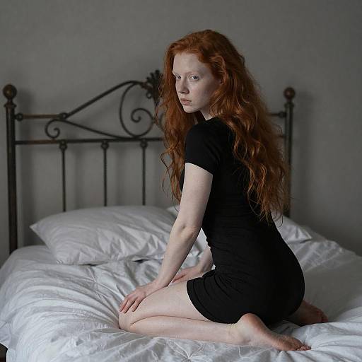 Pensive Redhead on Tufted Bed