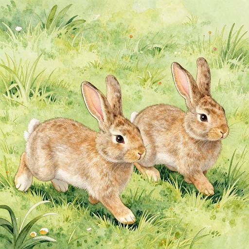 Illustration of two brown rabbits with fluffy fur and large ears, standing in a sunlit, grassy meadow with small flowers.