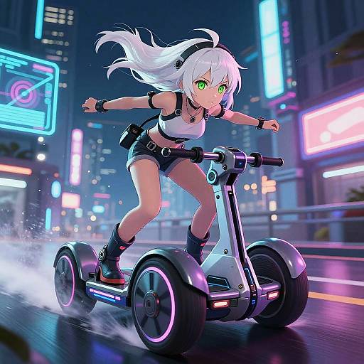 Digital anime-style artwork of a white-haired, green-eyed girl in a black harness and shorts, riding a futuristic, neon-lit hover scooter in a