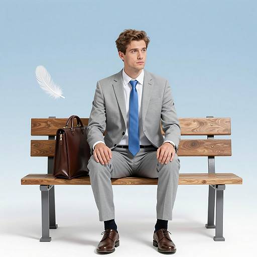 Businessman Sitting on Bench with Floating Feather