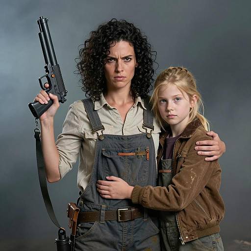 Intense Woman and Girl in Rugged Attire