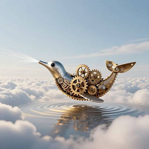 Steampunk-style metal bird with gears and cogs, gliding above a reflective water surface amidst fluffy white clouds in a bright blue sky.