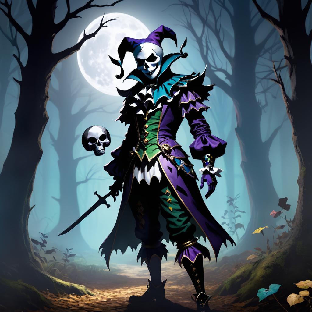 Ominous Jester in Enchanted Forest