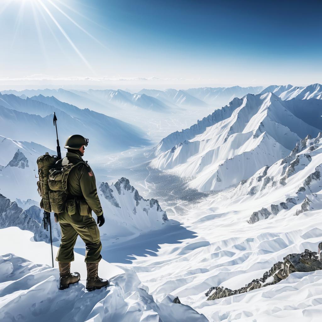 Soldier on Snowy Mountain with Valley View