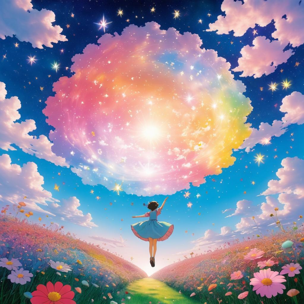 Whimsical Dreamer in a Colorful Sky