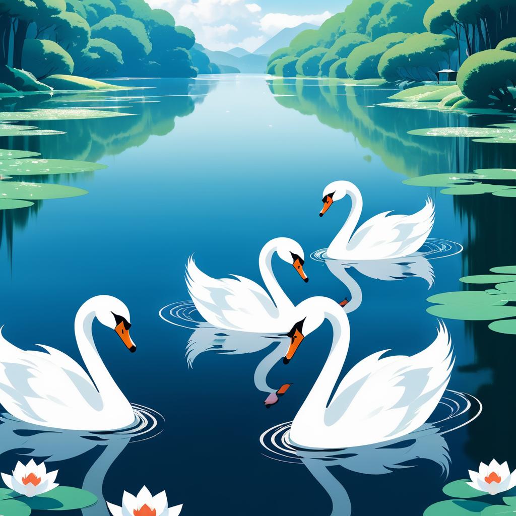 Elegant Swans in Miyazaki Anime Style