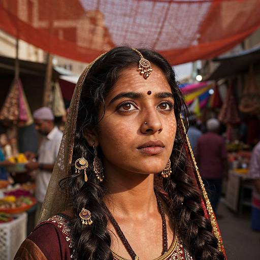 Photograph of a young Indian woman with dark hair, wearing a traditional maroon and gold saree, adorned with jewelry, standing in a bustling market