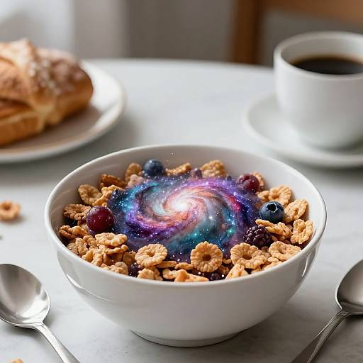 Photograph of a white bowl filled with cereal, blueberries, and a swirling galaxy design on top, beside a spoon and cup of coffee.