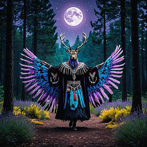 Ceremonial Dancer with Stag Head in Forest at Night