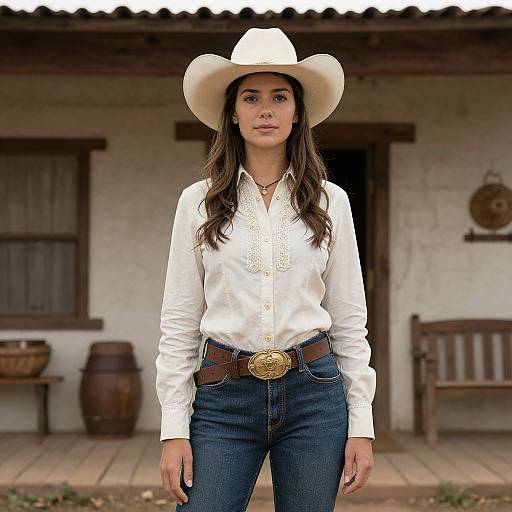 Photograph of a young woman with long brown hair, wearing a white cowboy hat, white embroidered shirt, and blue jeans, standing in front of a