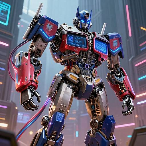 CGI image of a vibrant, futuristic, red, blue, and silver robot with glowing blue eyes, standing in a neon-lit cityscape.