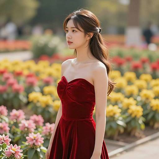 Elegant Young Woman in Red Velvet Dress
