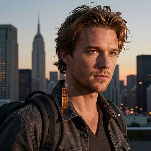 Photograph of a handsome, light-haired man with scruffy beard, wearing a black hoodie, standing against a sunset-lit city skyline with tall buildings