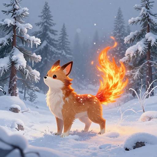 Digital artwork of a fiery-tailed fox standing in a snowy forest, surrounded by snow-covered trees and soft falling snowflakes.