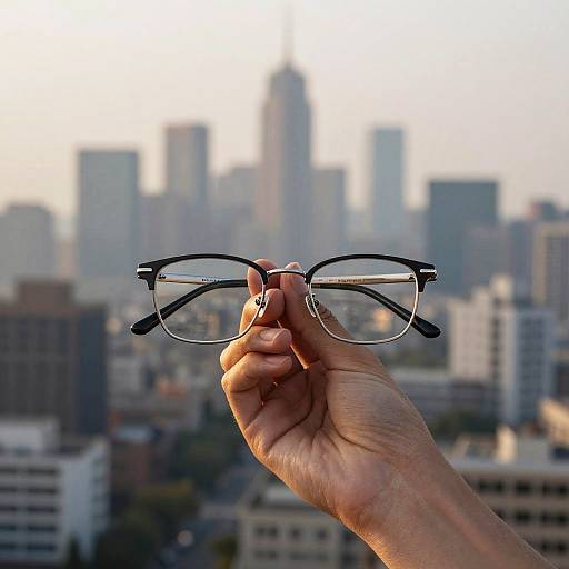 Hand Holding Glasses with Cityscape