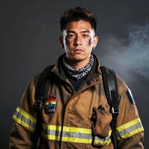 Transmasculine Firefighter Cinematic Studio Portrait