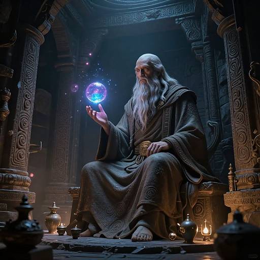 Photorealistic digital art: An elderly, white-bearded wizard with long hair, in a brown robe, sits on an ornate throne, holding