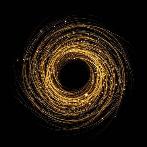 Digital artwork of a glowing, golden spiral galaxy against a black background, featuring bright, swirling lines and scattered stars.