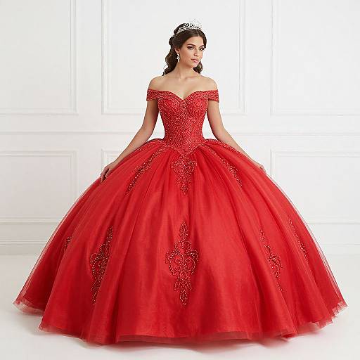 Photograph of a woman in a vibrant red off-the-shoulder ball gown with intricate lace patterns, full skirt, and crown, standing against a
