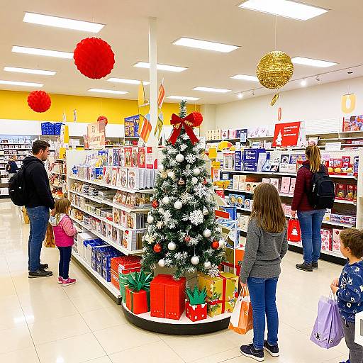 Photograph of a brightly lit store with a decorated Christmas tree, red and gold ornaments, shoppers, and toy shelves in the background.