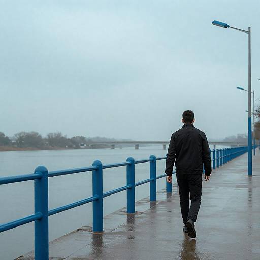 Man Walking Along Blue Riverside