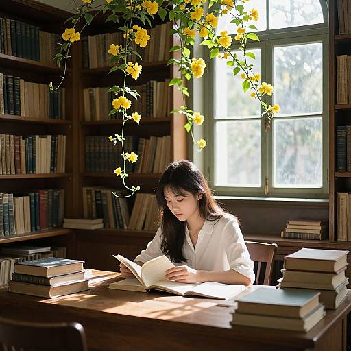 Photograph of an Asian woman with long black hair, wearing a white blouse, reading a book in a sunlit, flower-adorned library.
