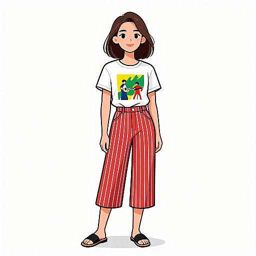 Digital illustration of a young woman with medium skin tone, brown shoulder-length hair, wearing a white T-shirt with a colorful graphic, red striped pants,