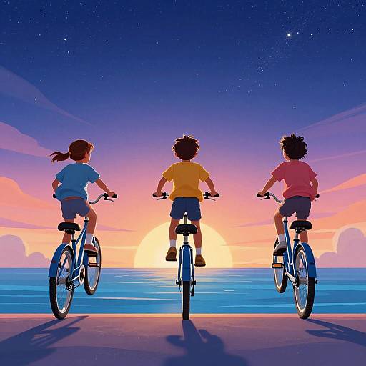 Digital illustration of three children riding bicycles away from a vibrant sunset over the ocean, silhouetted against a starry sky.