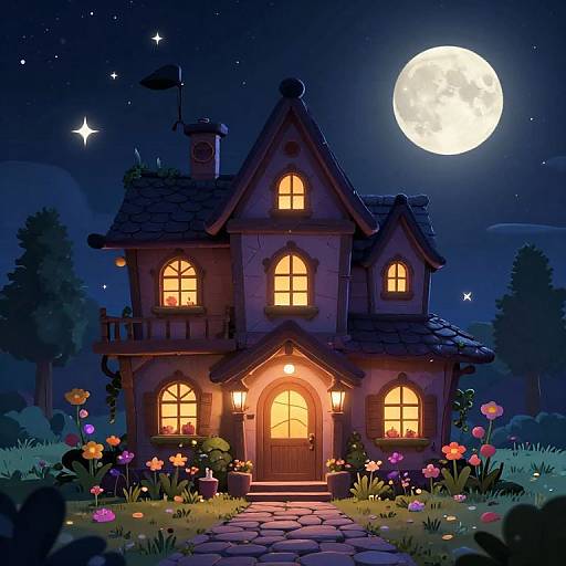 Illustration of a cozy, illuminated, two-story cottage under a bright full moon, surrounded by colorful flowers and a cobblestone path.