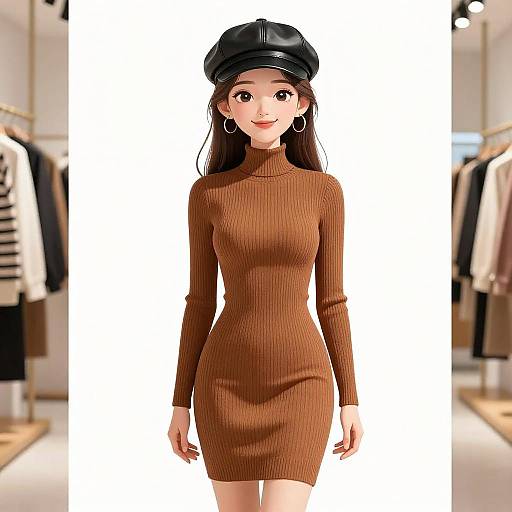 Digital illustration of an Asian woman with long brown hair, wearing a black leather cap, brown ribbed turtleneck mini dress, and hoop earrings,