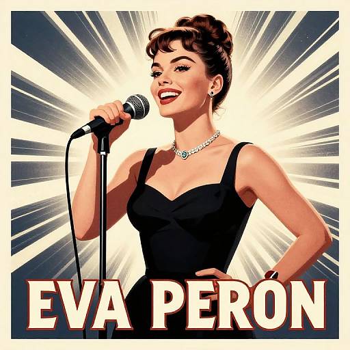 Vintage-style digital art of a confident woman with dark hair in an updo, singing into a microphone, wearing a black dress and pearl necklace, with