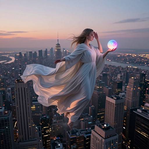 Photograph of a floating woman in a flowing white gown holding a glowing orb above a cityscape at sunset, with skyscrapers and a river in