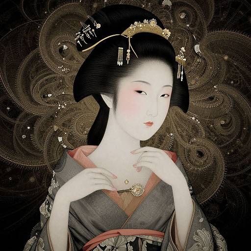 Digital artwork of a pale-skinned Asian woman with black hair, wearing an ornate kimono and gold jewelry, against a dark, intricate patterned