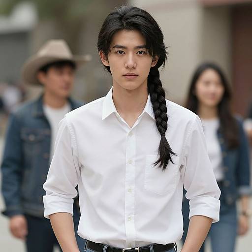 Photograph of an Asian man with long black hair in a braid, wearing a white button-up shirt, standing in a blurred urban background with two